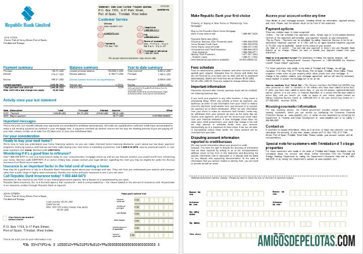 Extrato de hipoteca do banco da República de Trinidad e Tobago em formatos Word e PDF, 2 páginas exemplo real